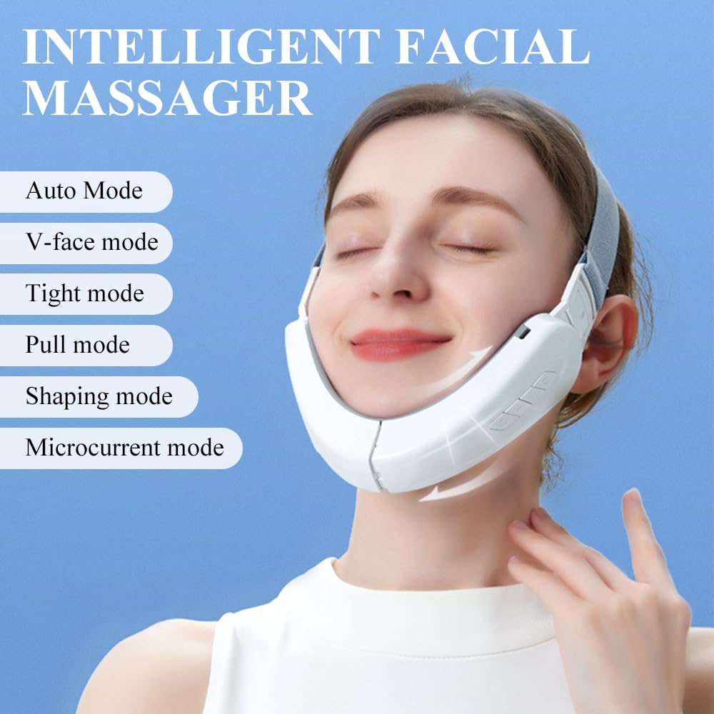 MAOYING Masajeador Eléctrico Moldeador Facial en V + 2 Pares de Almohadillas de Gel, Dispositivo Anti-Arrugas Cuello & Reafirmante, Tecnología EMS de Microcorriente Mejorada, 6 Modos Reafirmantes