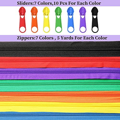 35 Yards/7 Pieces Assorted Colors #5 Nylon Coil Zippers, Mixed Sewing Zippers with 70 Pieces Zipper Sliders Zipper Heads for DIY Sewing Tailor Craft Supplies ()