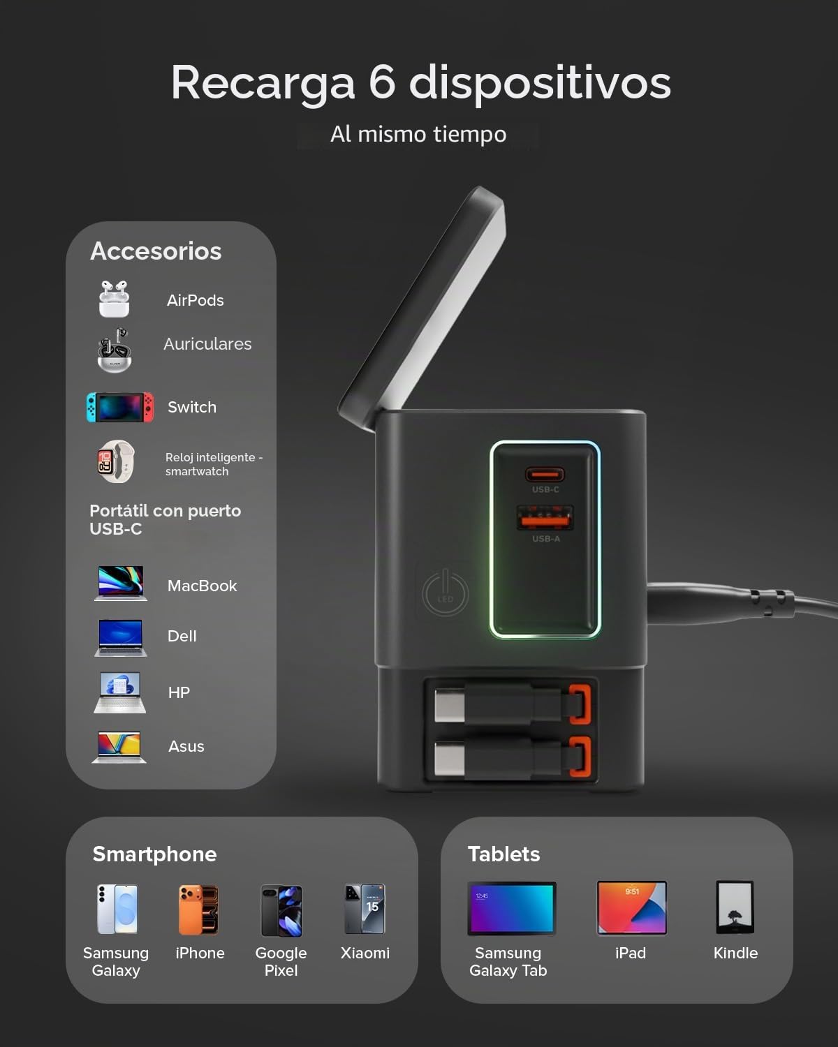 SBS Power Dock 6in1 100W USB-C, Carga Inalámbrica 15W, Compatible con MagSafe, Power Delivery (PD 3.0 PPS), Estación de Carga con 2 Cables Retráctiles, Adaptador para Portátil, iPhone, AirPods, Negro | Power Delivery (PD 3.0 PPS), estación de carga con 2