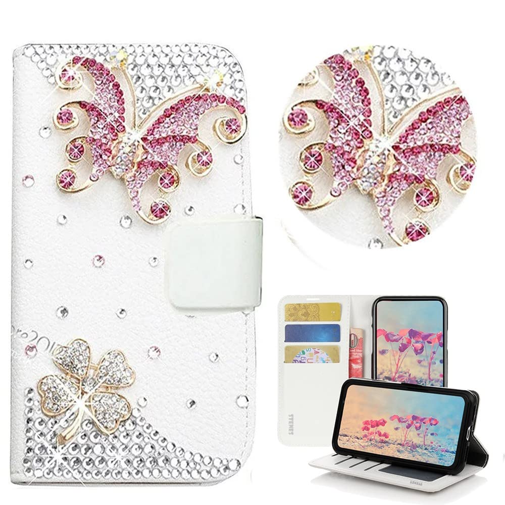 STENES Bling Wallet Phone Case Compatible with Umidigi A11 Case - Stylish - 3D Handmade Butterfly Clover Design Magnetic Wallet Stand Girls Women Leather Cover - Hot Pink