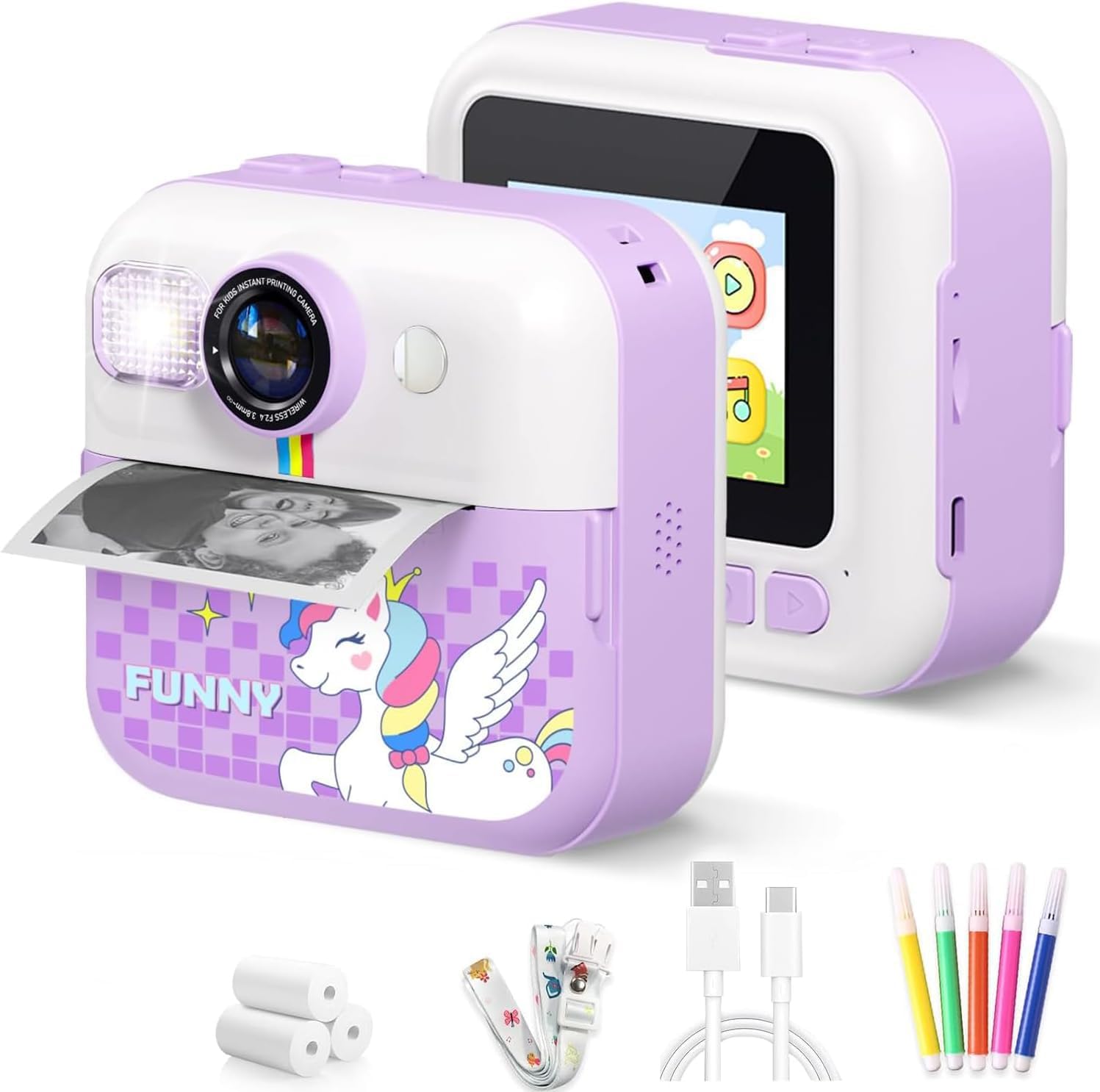 Cason Mini Camera Printer, 1080P HD & 48MP Instant Photo Camera for Kids with Print for Fun & Creativity with 3 Rolls Paper for 5-15 Years Kids Upto 32GB (Unicorn)