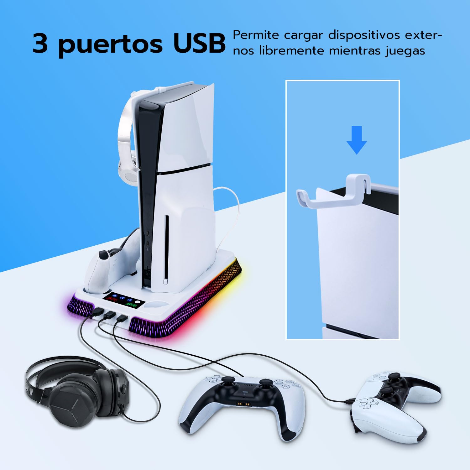 Wigearss Soporte Vertical para PS5/PS5 Slim/PS5 Pro con Ventiladores de Refrigeración Carga para 2 Mandos, Ventilador de Enfriamiento Ajustable en 3 Niveles con 10 Efectos de Iluminación LED