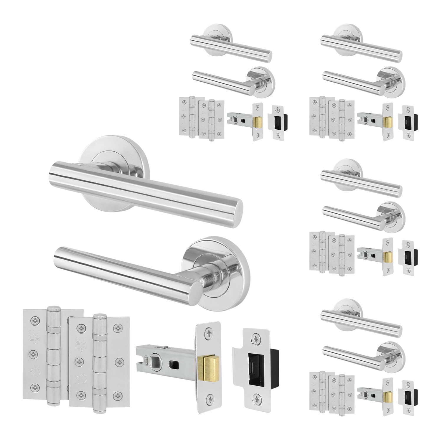 EAI Door Handle Latch Set Polished Chrome - Pack of 5 | Round T-Bar Internal Door Handles, Latch (64mm), Hinges (76mm)| Silver Lever on Rose | Oliena Range — image 1