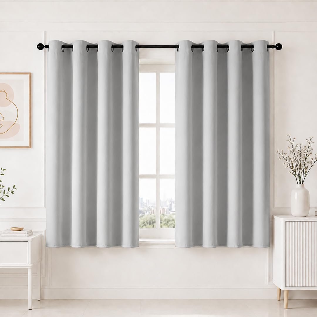 HOMEMONDE Premium Blackout Window Curtain 5 Feet Pack of 2 - Light Blocking Curtains for Living Room, True Room Darkening & Fade Resistant Panels 60 Inch Long, (Greyish White, 152 x 118 CMs)