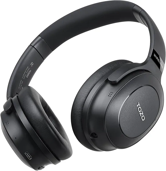 TOZO Hybrid Active Noise Cancelling Headphones, Wireless Over Ear Bluetooth Headset, 40H Playtime, Hi-Res Audio Custom EQ via App Deep Bass Comfort Fit Ear Cups, for Home Office Travel Black