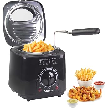 Beper P101FRI100 1L Electric Deep Fryer 950W Removable Steel Basket Lid with Porthole Washable Removable Filter Adjustable Temperature Non-Slip Feet Black
