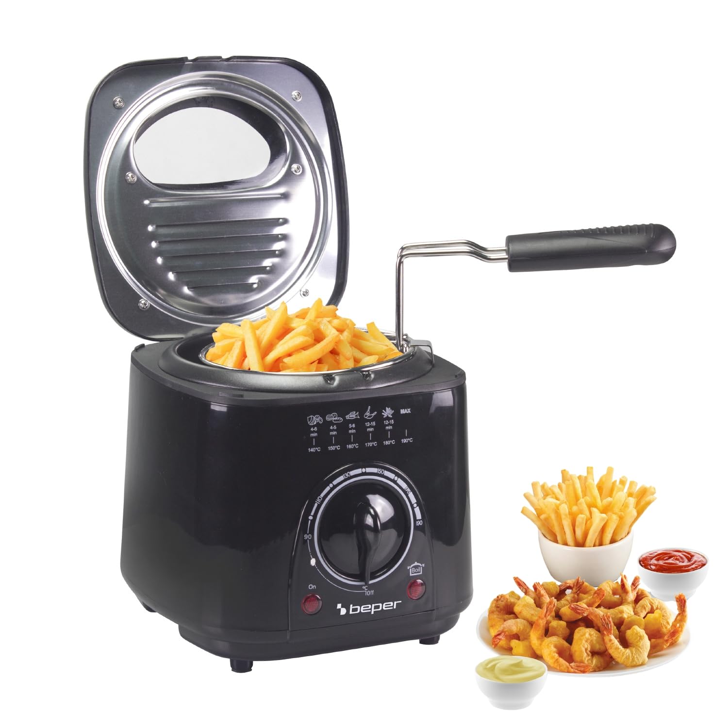 BEPER P101FRI100 MINI Electric Fryer 1L, 850-950W, Removable Steel Basket, Porthole Lid, Removable Washable Filter, Adjustable Temperature, Non-Slip Feet, Black