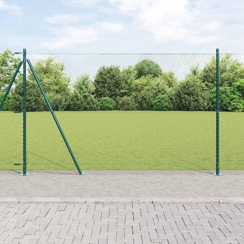 Valla de alambre soldada con base de hormigón, 25 x 1,4 m, color verde, acero recubierto de PVC, resistente a la intemperie, al óxido y a la corrosión, incluye postes y alambre tensor para