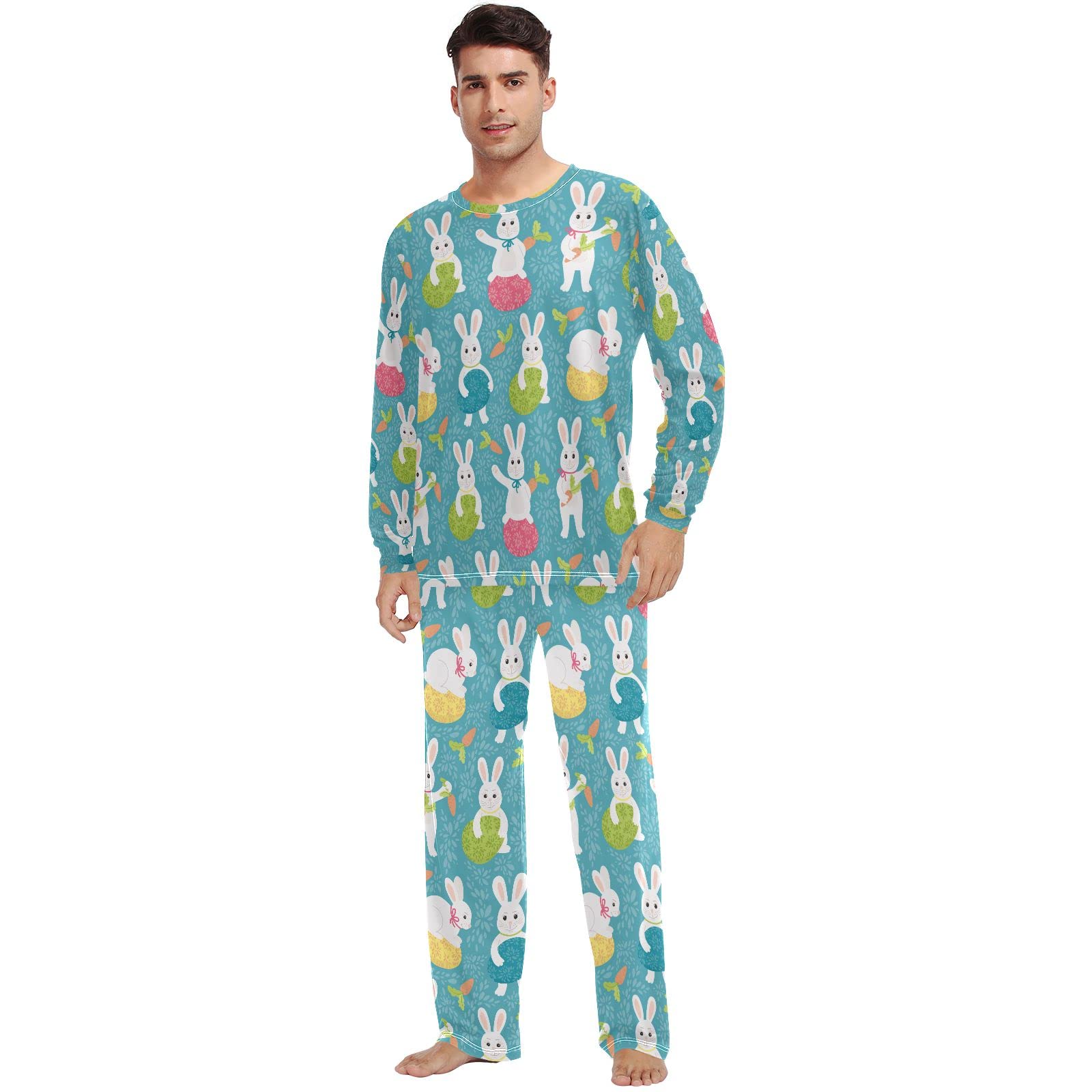 JUNZAN Wielkanocne jajka urocza jagnięca zielona piżama dla kobiet długi rękaw top i dół bielizna nocna zestaw para bielizna nocna, Easter Bunny Eggs Flat Style Teal Blue, S
