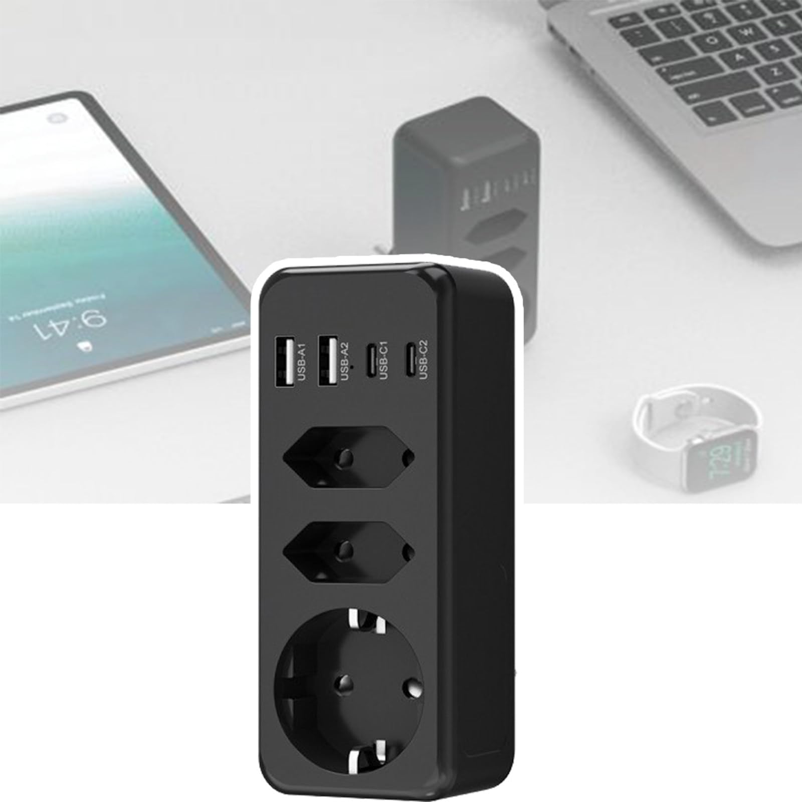 Multipresa Standard Europea, Multiforo, Presa Di Ricarica Usb Per Cellulare, Prolunga Con Protezione Da Sovratensioni Certificata Ce (5,4 X 4 X 16,8 Cm)