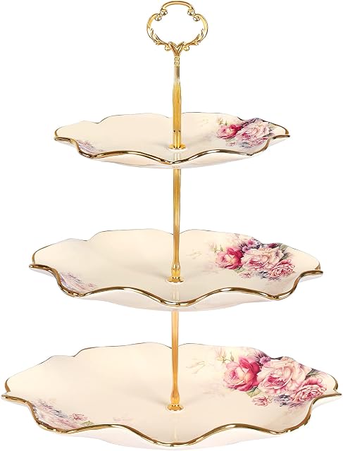 fanquare 3 Tier Porcelain Cake Stands,Rose Floral,Afternoon Tea Cupcake Stands,Food Server Display Holder for Anniversary,Birthday,Party,Wedding