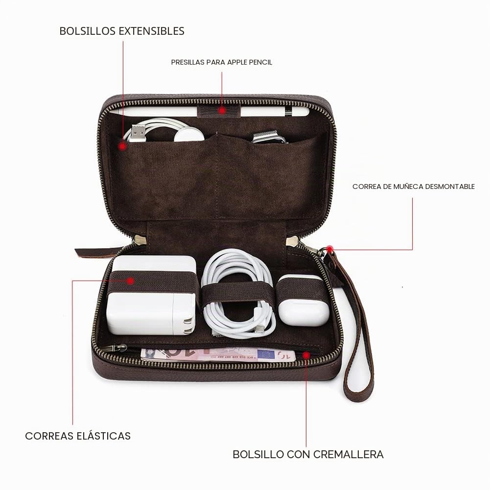 CONTACT'S FAMILY Tech Essentials - Funda organizadora de cables de piel, bolsa de viaje para mouse, cargadores, cables, batería externa