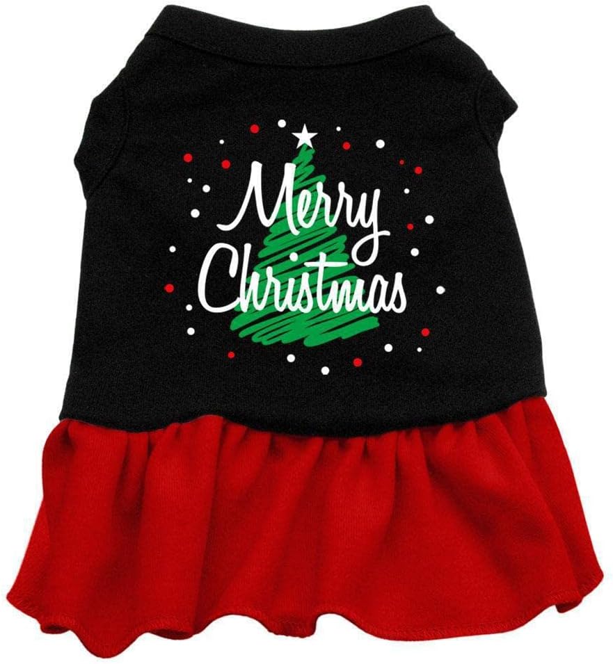 Christmas Pet Dog & Cat Dress Screen Printed, Scribble Merry Christmas Black W/Red SM (3-6 lbs.)