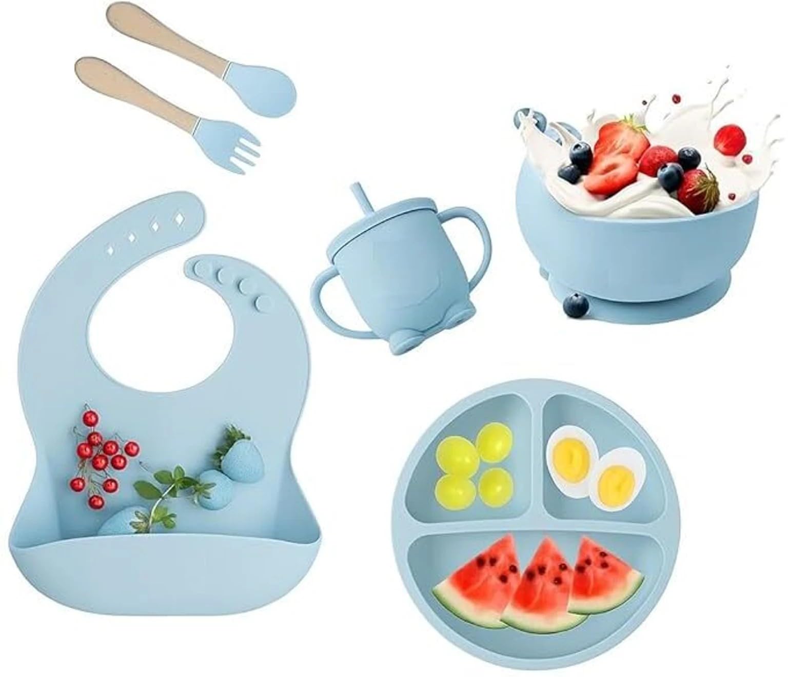 6-Piece Silicone Baby Feeding Set Non-Slip Suction Plate, Bowl, Spoon, Fork, Cup, Bib. BPA-Free, Dishwasher & Microwave Safe for Babies & Toddlers (Sky Blue)-image-35