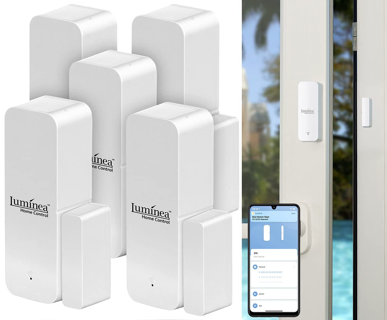 Luminea Home Control Fenstersensor: 5er-Set ZigBee-Tür- & Fensteralarm, für Alexa, GA und Siri, App (Türüberwachung Funk, Fenster Alarmanlage, Echo)