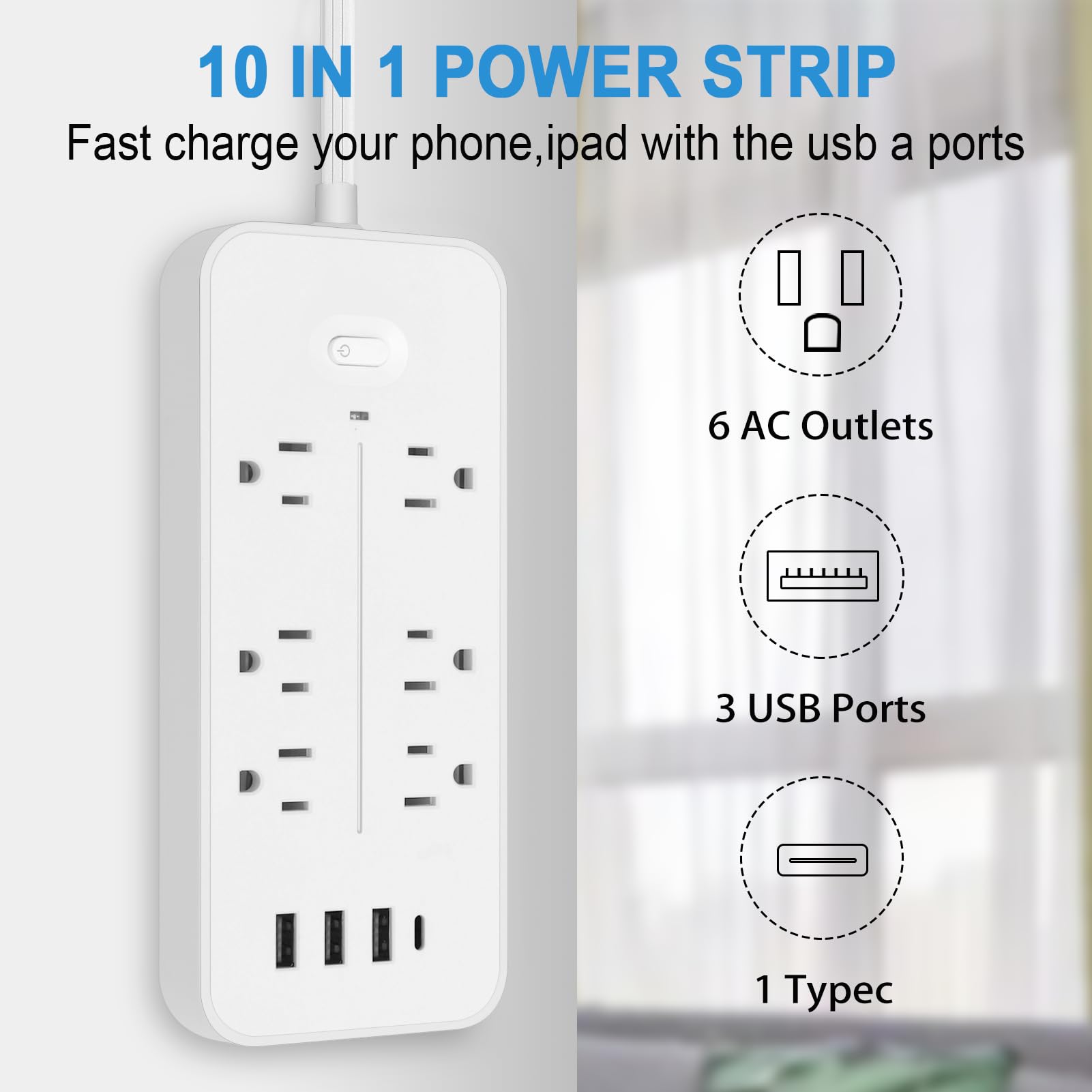 Power Bars with Surge Protector, Flat Plug Exetnsion Cord, Power Strip Outlet Extender with 6 Outlets and 4 USB Ports(1 USB C), Wall Mount for Home Office College Dorm Room Essentials