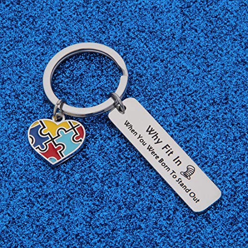 WUSUANED Autism Awareness Puzzle Piece Keychain Why Fit in When You were Born to Stand Out Gift for Autistic3