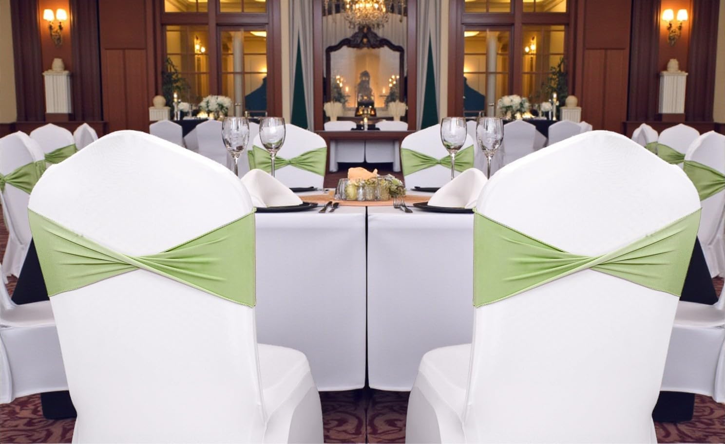 MDS Pack of 100 Spandex Chair Sashes Bows Elastic Stretch Dining Chair Bands Ties Without Slider Buckle Universal fits for Wedding Baby Shower Birthday Party Banquet Event Decoration - Sage Green