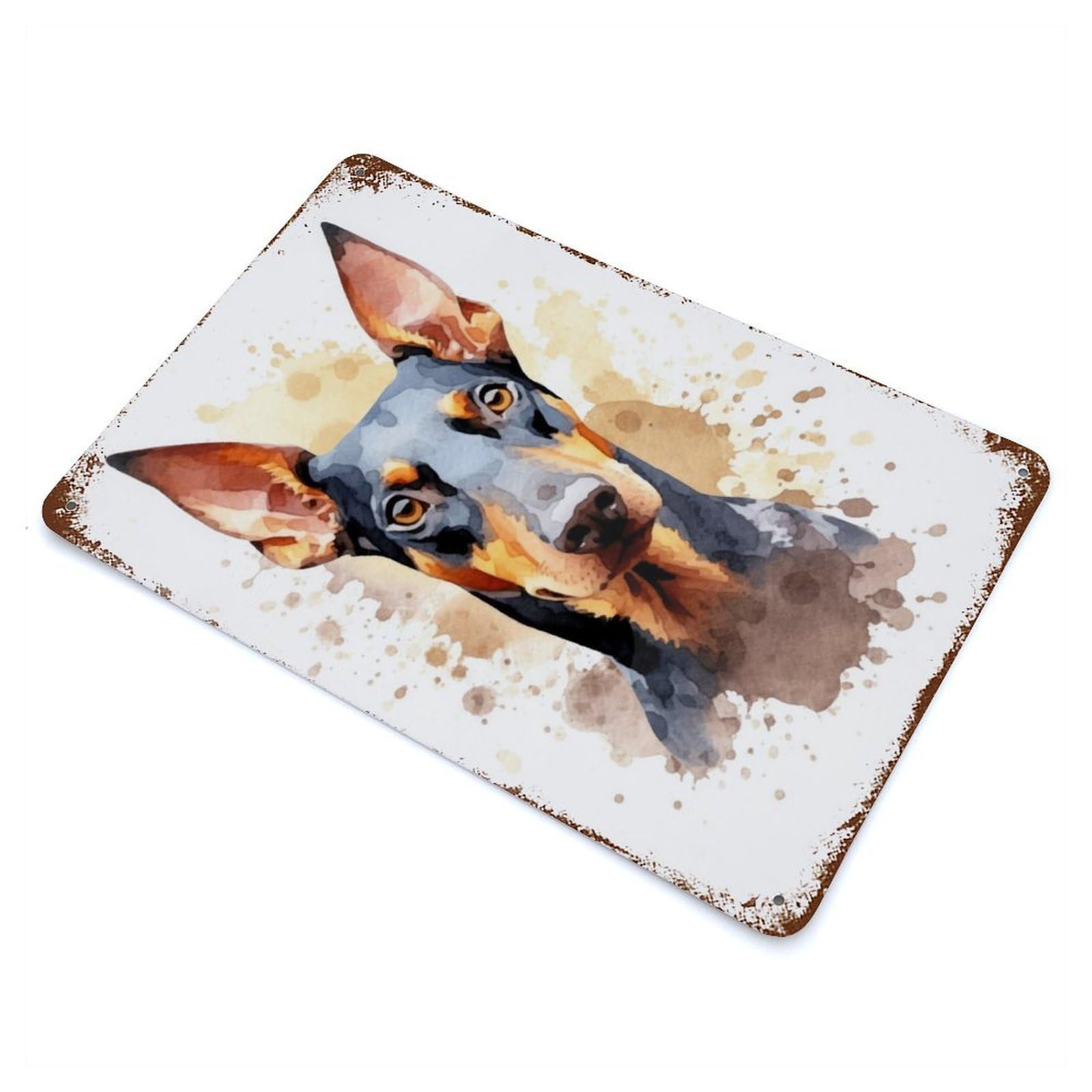 Weathered Tin Sign with Watercolor Doberman Design 11.8"x7.9", for Garage, Bar And Workshop Decor, Decorative Metal Wall Art