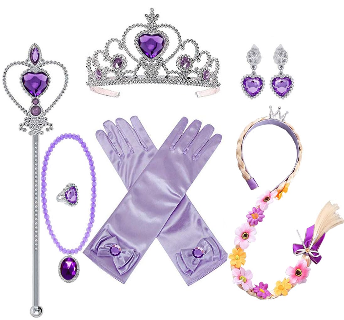Yosbabe Princess Rapunzel Dress up Accessories for Girls Including Wig Crown Scepter Gloves Necklace Earrings Rapunzel Sofia Party Gifts Princess