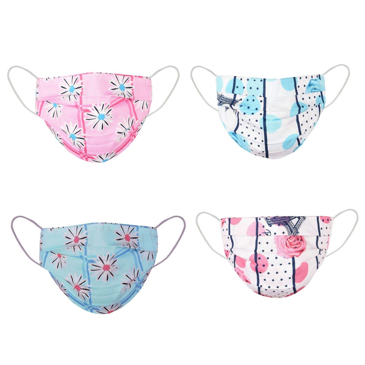 Archi Collection fabric Reusable Cotton Cloth Face Mask Antidust Anti Pollution Breathable Protective Double Layer Without Valve Unisex Face Covering Mask - Pack of 4 (Multicolor)