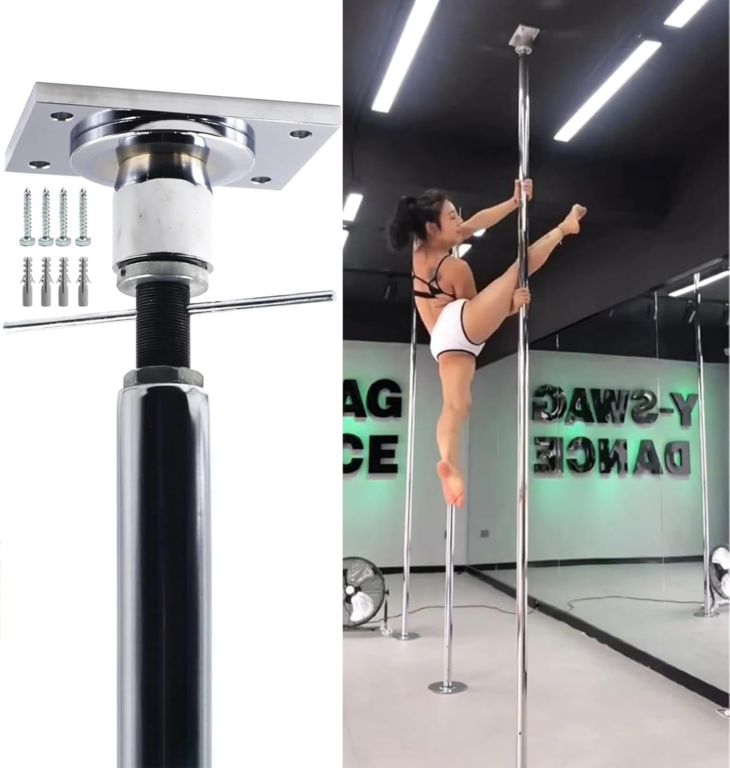 NGDFGR Professional Dancing Pole Permanent Dance Pole Ceiling Mount, 45Mm Dance Pole Kit With Fixed Plate & Extension Accessories,Silver-7.3ft-9ft/224CM-274CM
