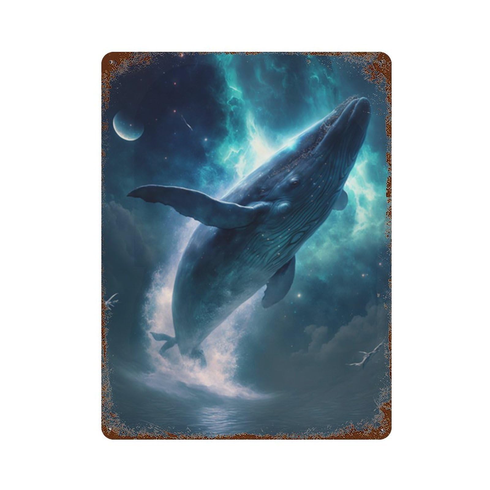 Whale in Space Poster 15.7"x11.8" Decorative Tin Sign, Retro Wall Decor for Bistro, Counter And Cafe Decor