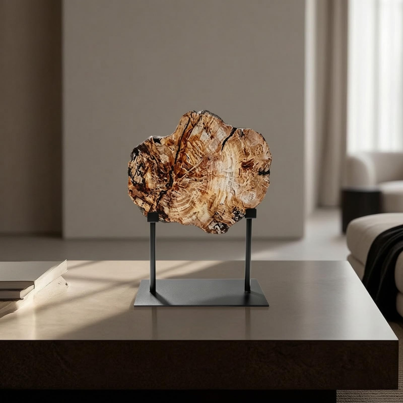 Colcolo Simulador de Fósil Decorativo Escultura en Resina Arte de Madera Petrificada Figura con Doble Soporte Metálico Apariencia Auténtica y Robusta Adecuado