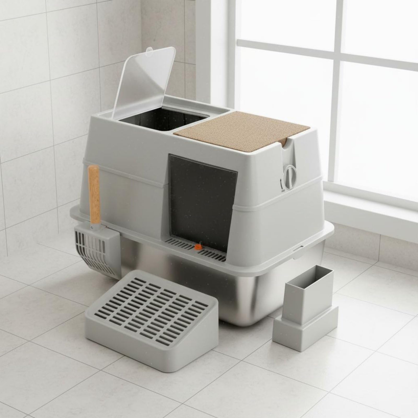 Contenedor de Residuos Encerrado para Gatos Caja de Arena Baño para Gatos Arenero con Control de Olores y Construcción, 60 X 40 X 40.5 Cm, Caja De Arena Cerrada con Entrada Frontal