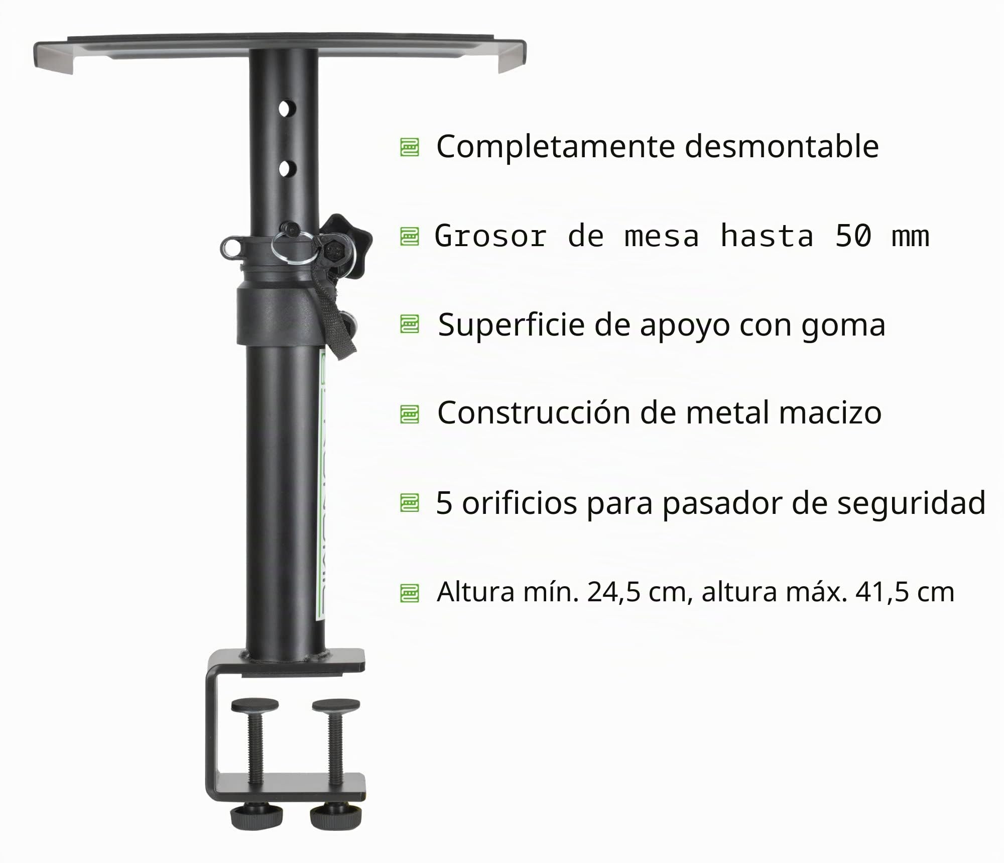 Pronomic SLS-36K BK Soportes de Mesa con Abrazadera para Monitores de Estudio, Ahorra Espacio, Ajustable 24.5-41.5 cm, Superficie con Tiras de Cierre, Color Negro.