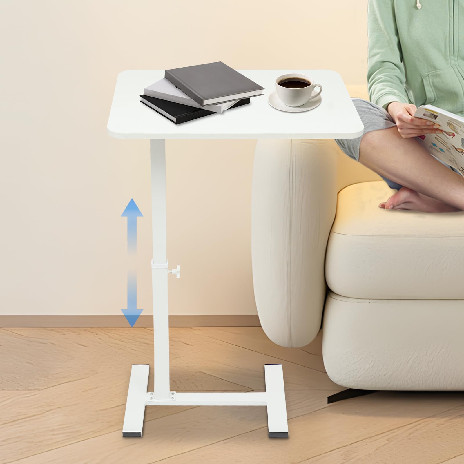 Table de chevet à roulettes réglable en hauteur pour lit, hôpital, bureau à domicile, 60 x 40 cm, blanche