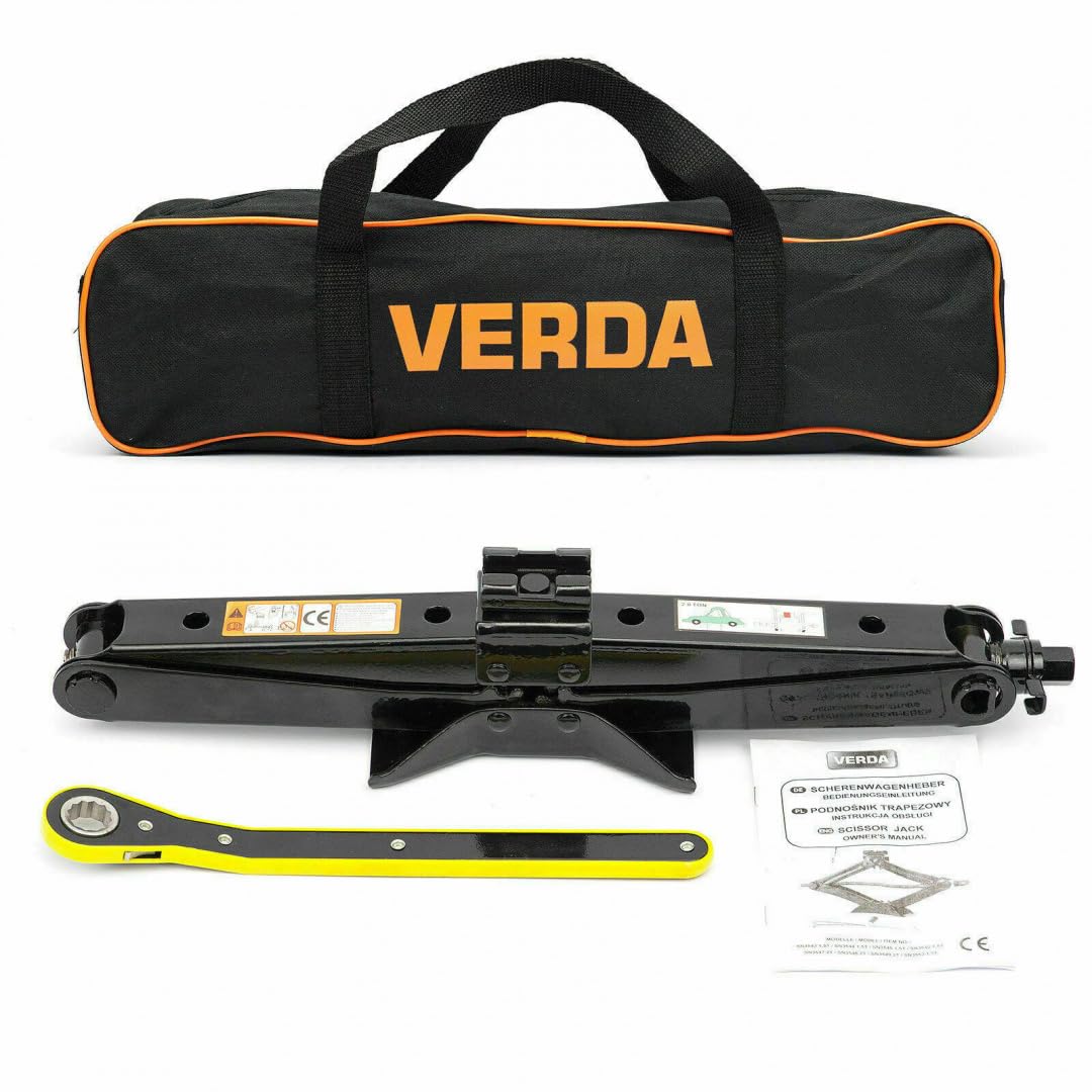 VERDA Scherenwagenheber 2T (2000kg), 98-440 mm, Wagenheber mit Radmutternschlüssel, Ratschenschlüssel, vergrößerte Stahlplatte, Tasche, Car Jack PKW SUV MPV