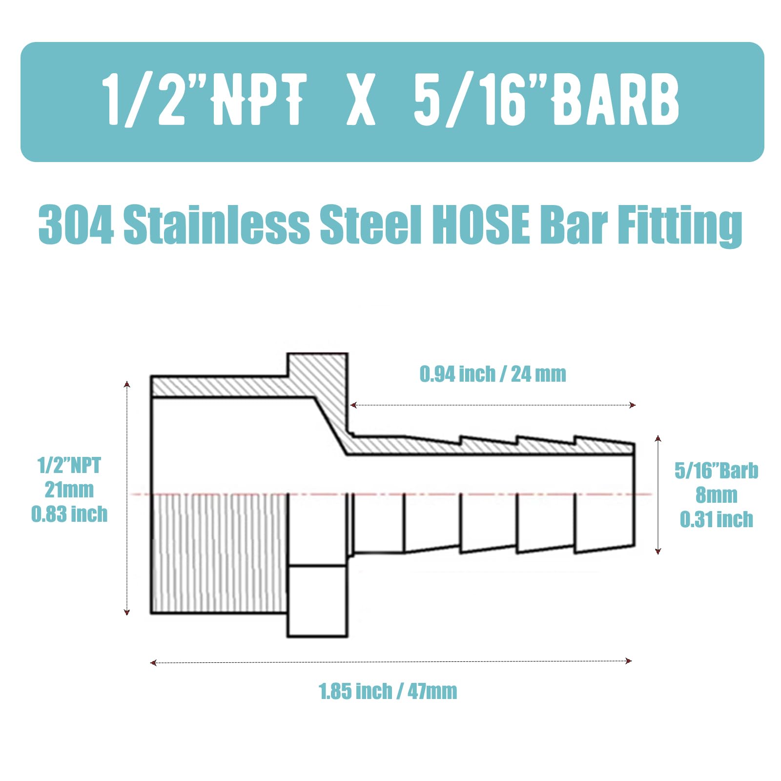 GOLUMINI Hose barb fittings,304 Stainless Steel 5/16
