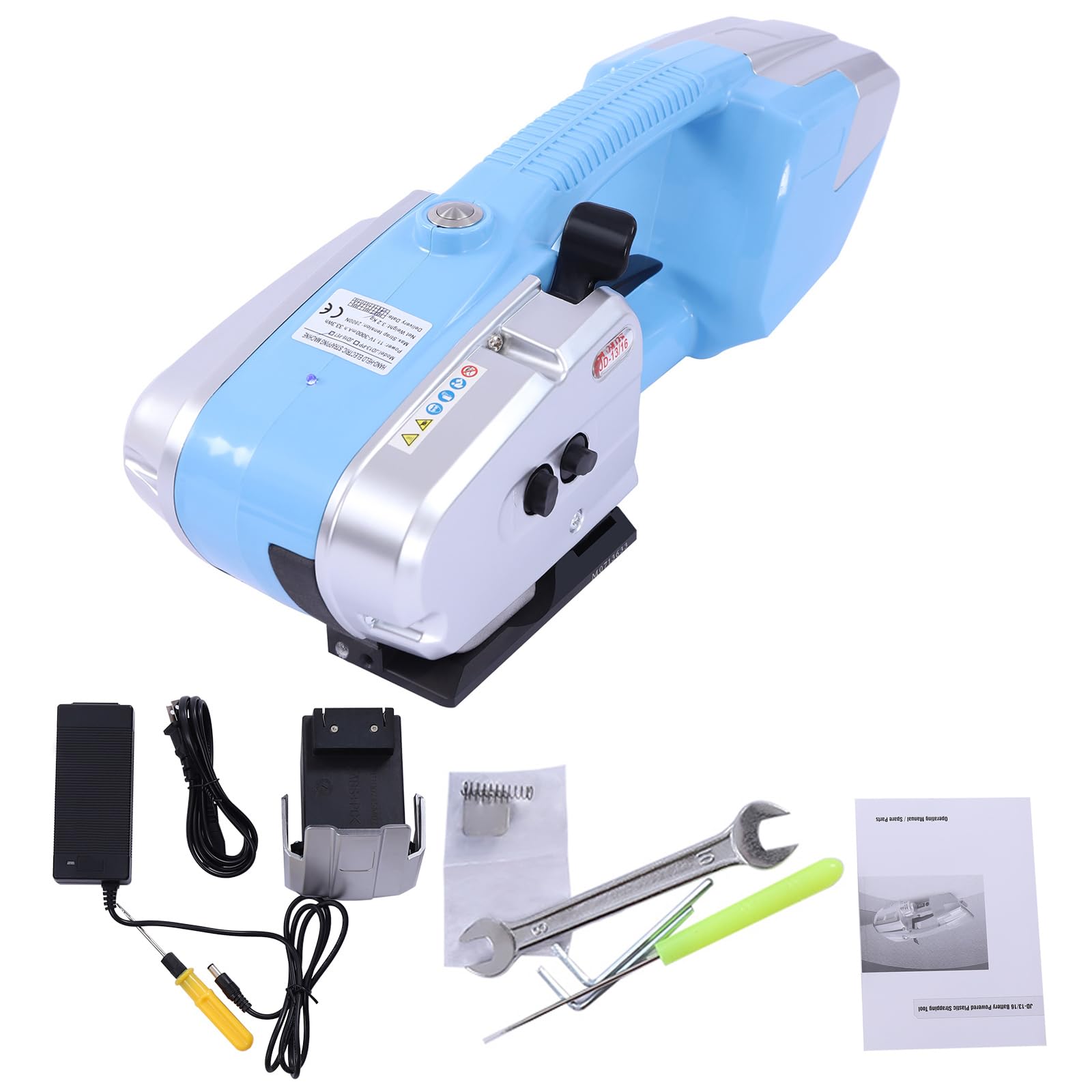 JD13-16 Electric Strapper Strapping Machine, 450W 60-2800N PP/PET Handheld Hot Melting Strapping Machine, Battery Powered Plastic Steel Belt Automatic Strapping Tool, Portable Electric Baler, Blue