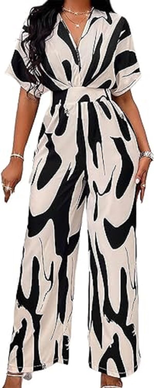 GenericWomen's Short Sleeve Jumpsuit Allover Print Jumpsuit For Womens Dressy One Piece Wide Leg Romper