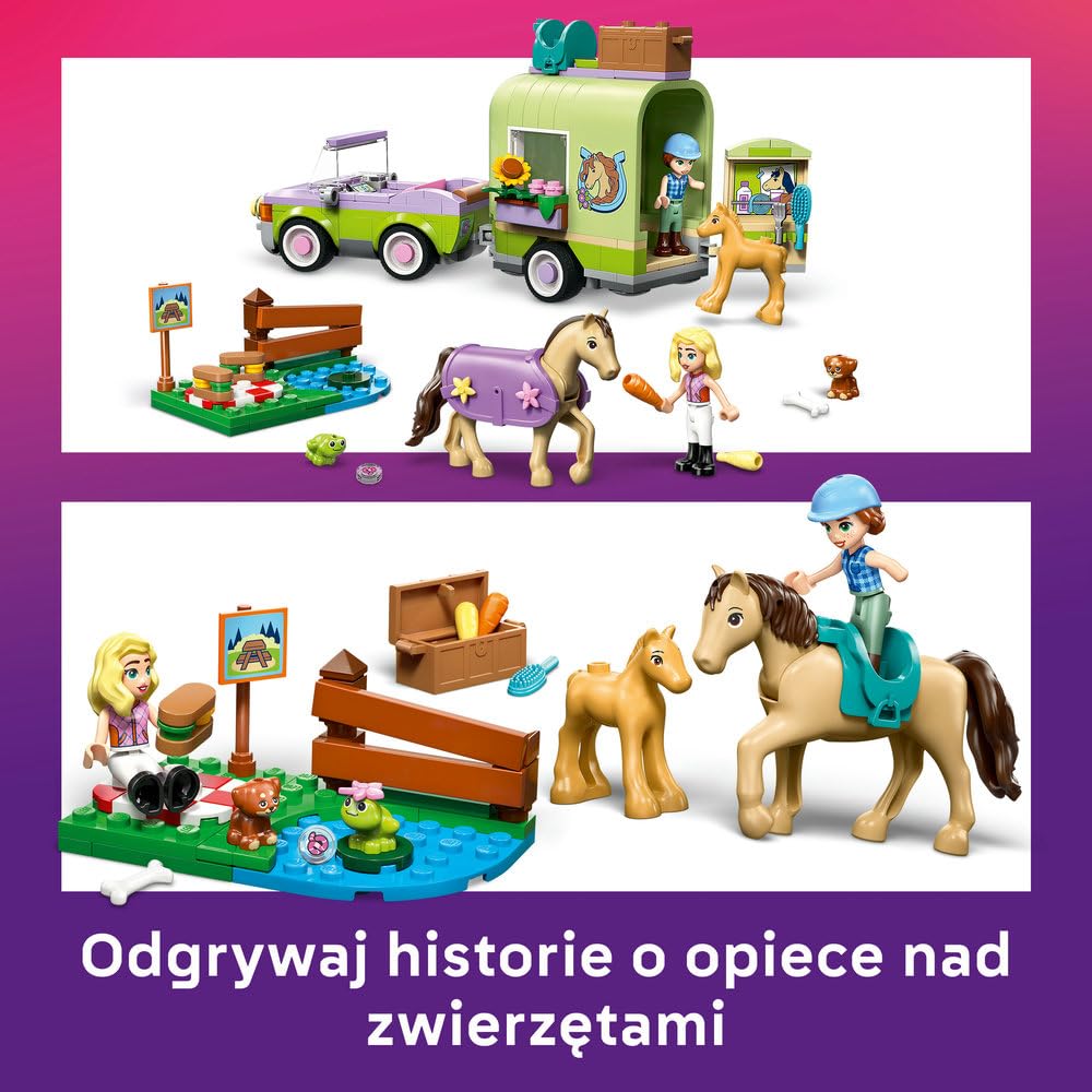 LEGO Friends Przyczepa z koniem i źrebaczkiem, zabawka dla dzieci z 2 minilaleczkami i figurkami zwierząt, kreatywne klocki na prezent dla 7-latki, dla dziewczynki, chłopca, miłośniczki koni 42695