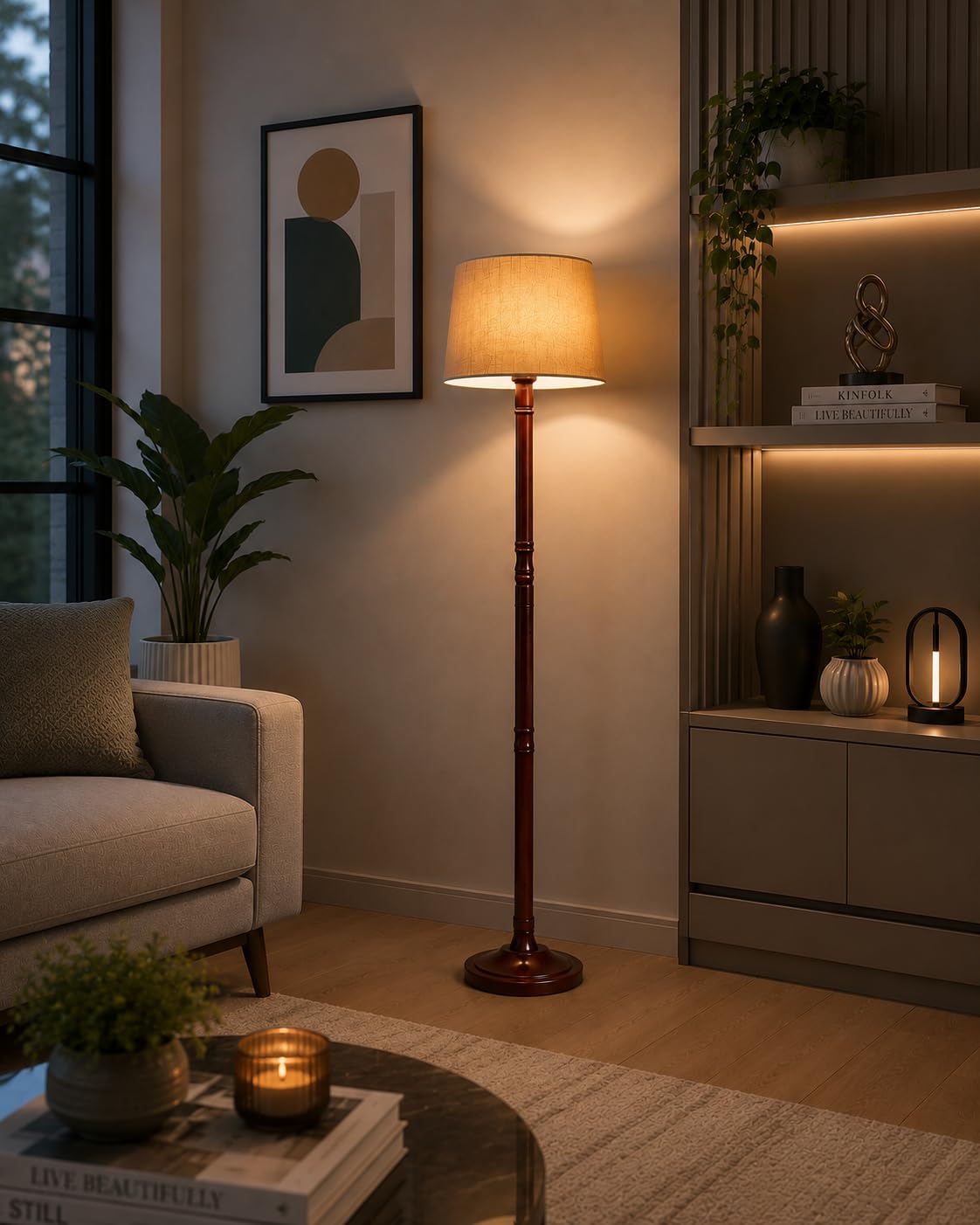Cozy Lightning Wooden Floor Lamp for Living Room Dark Brown with Beige Fabric Lamp Shade | Light Decoration for Home Side Lamp for Living Room | Floor Light, Candlestick, Jute | E27 Bulb Holder |-image-35