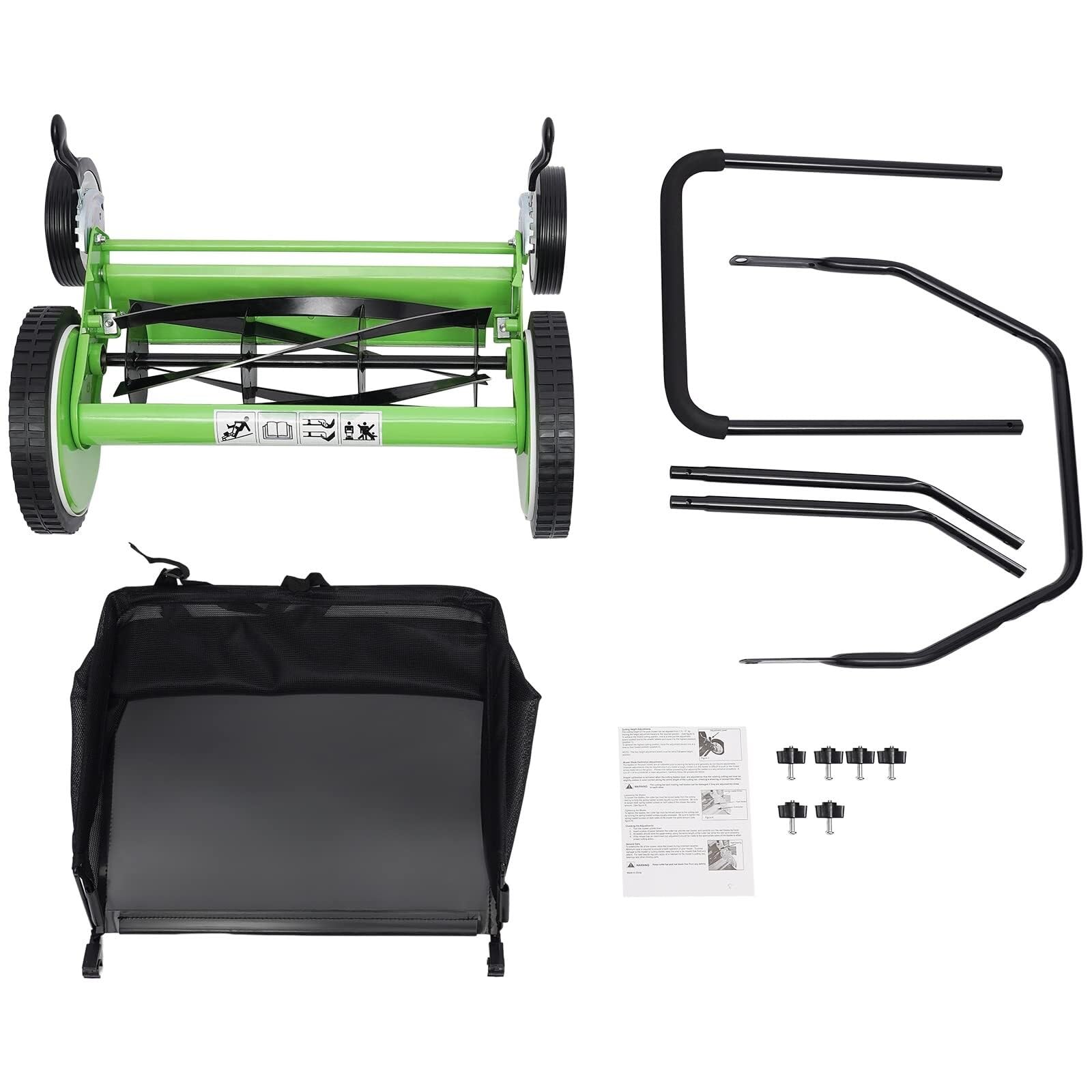 Cortacésped manual de 16 pulgadas con recogedor de césped, carrete inalámbrico de 5 cuchillas, 9 posiciones, altura ajustable, cortador de césped eficiente para un fácil cuidado del césped