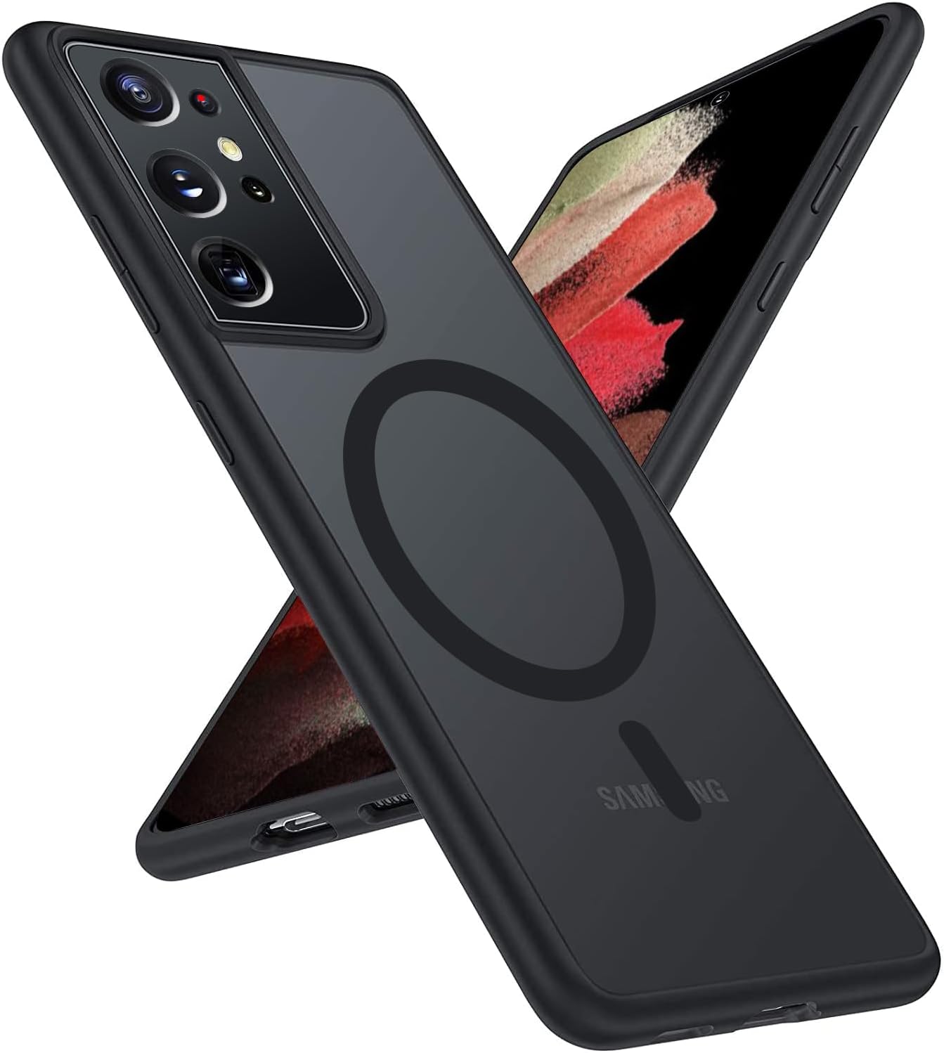 for Samsung Galaxy S21 Ultra Mag Safe Case,Slim Shockproof Protective Cover with Magnetic,Frosted Hard Back Soft Silicone TPU Bumper Phone Case Compatible Galaxy S21 Ultra 6.8inch,Matte black for Samsung Galaxy S21 Ultra,6.8 inch Matte Black