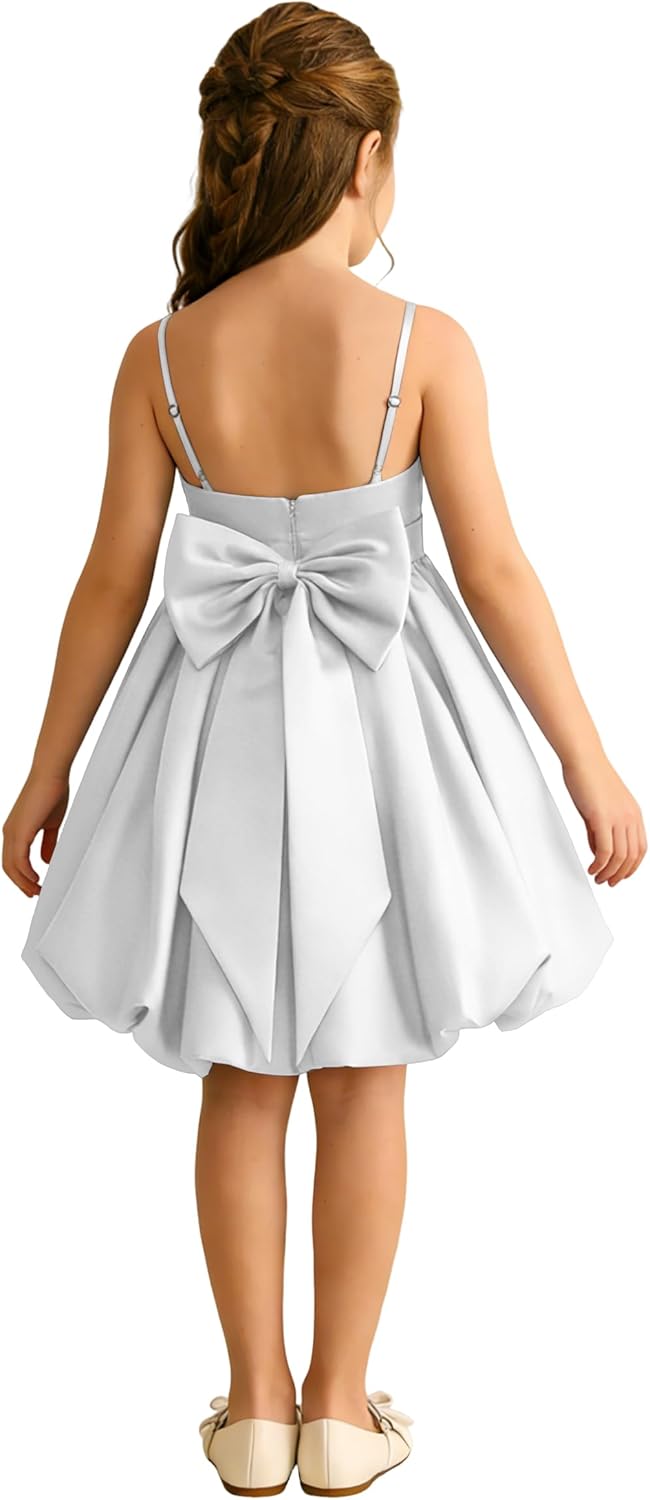 Satin Flower Girl Dress Spaghetti Strap Backless Party Dresses Bowknot Bubble Skirt for Wedding Birthday