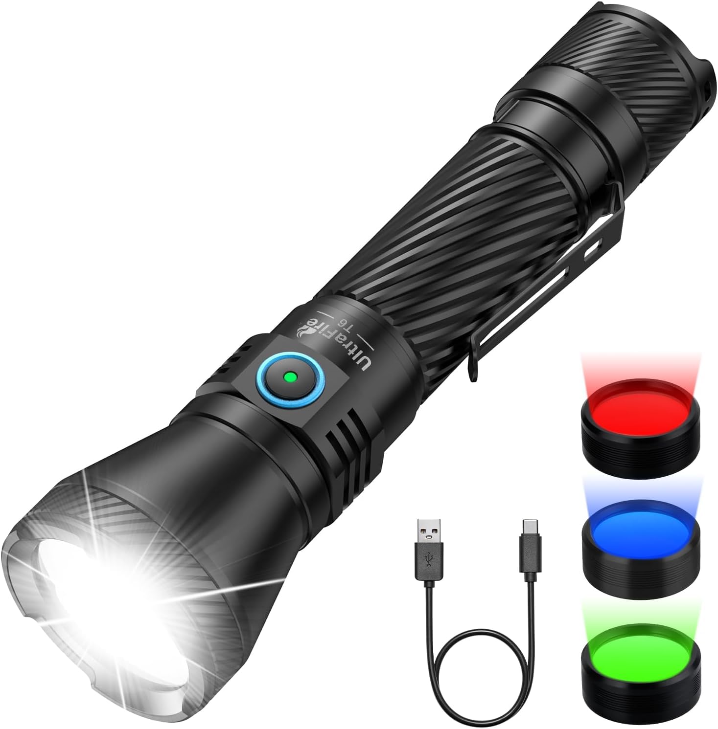 UltraFire 1800 Lumen Wiederaufladbare Taktische Taschenlampe, 4 Farben Jagdlicht Rot/Grün/Blau/Weiß, 4 Modi, Doppelschalter, 550 Meter Reichweite, IPX8 Wasserdicht, Camping Jagd Angeln Taschenlampe T6