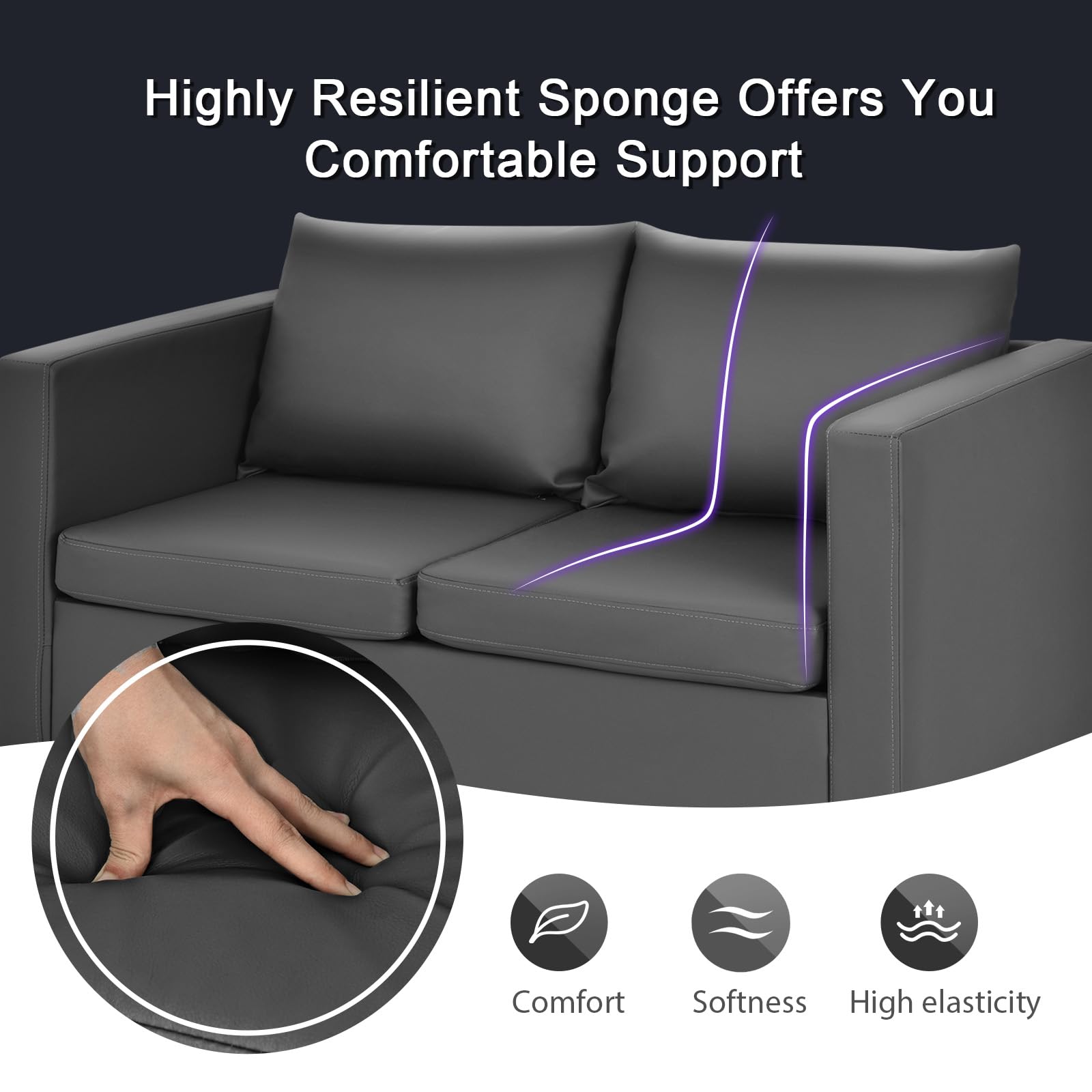 HOMASIS Divano a 2 posti, con cuscino per schienale e seduta rimovibili, con piedini in metallo, divano lounge per soggiorno e ufficio, 120 x 60 x 62,5 cm, grigio