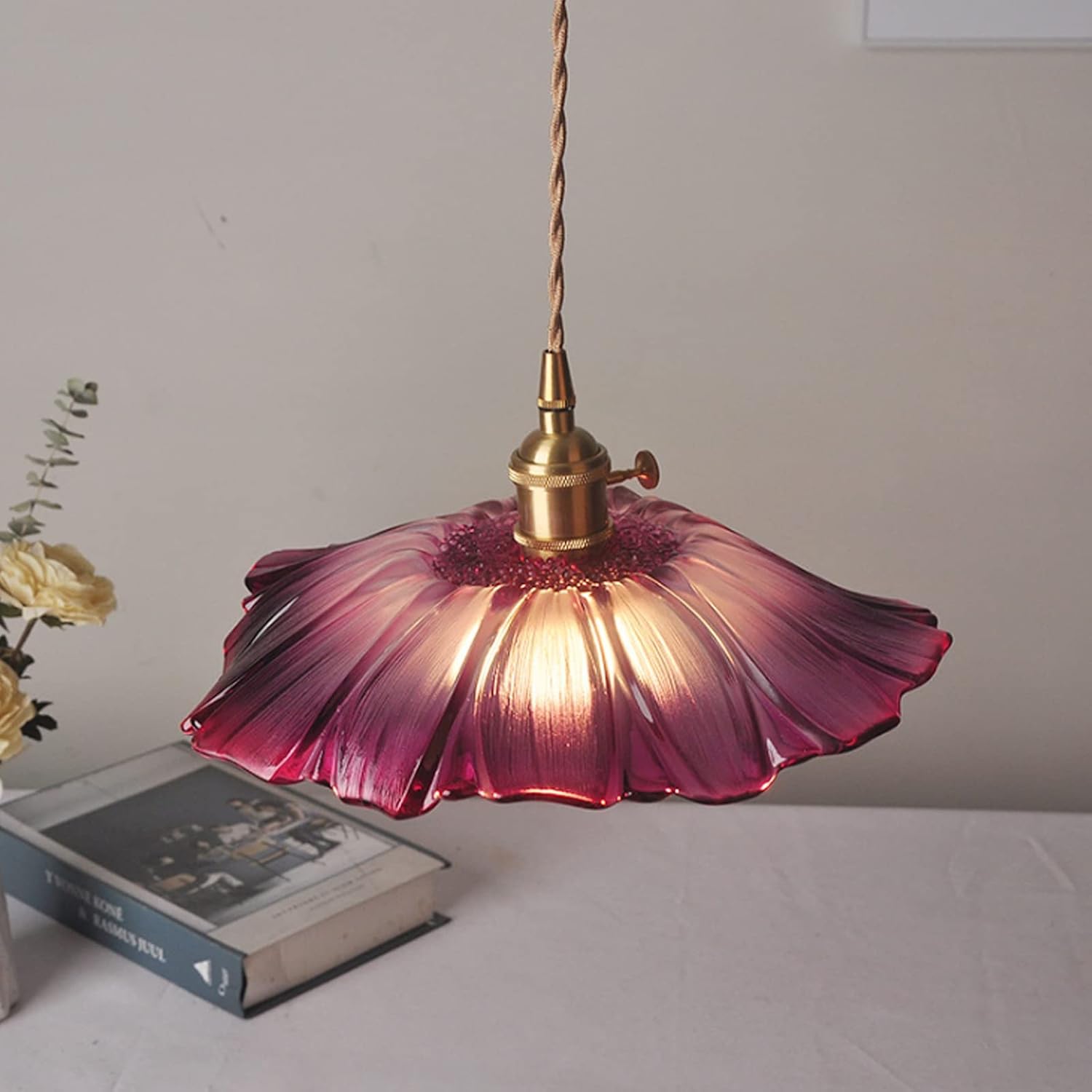 Lampa wisząca Vintage LED Szkło Fioletowy Kwiat Żyrandol Bar Sypialnia Miedziana Lampa Wisząca Dom Kryty Ganek Oświetlenie Oprawy E27 Żarówka Kuchnia Salon 1.5m Drut Regulowane Lampy Anniversary
