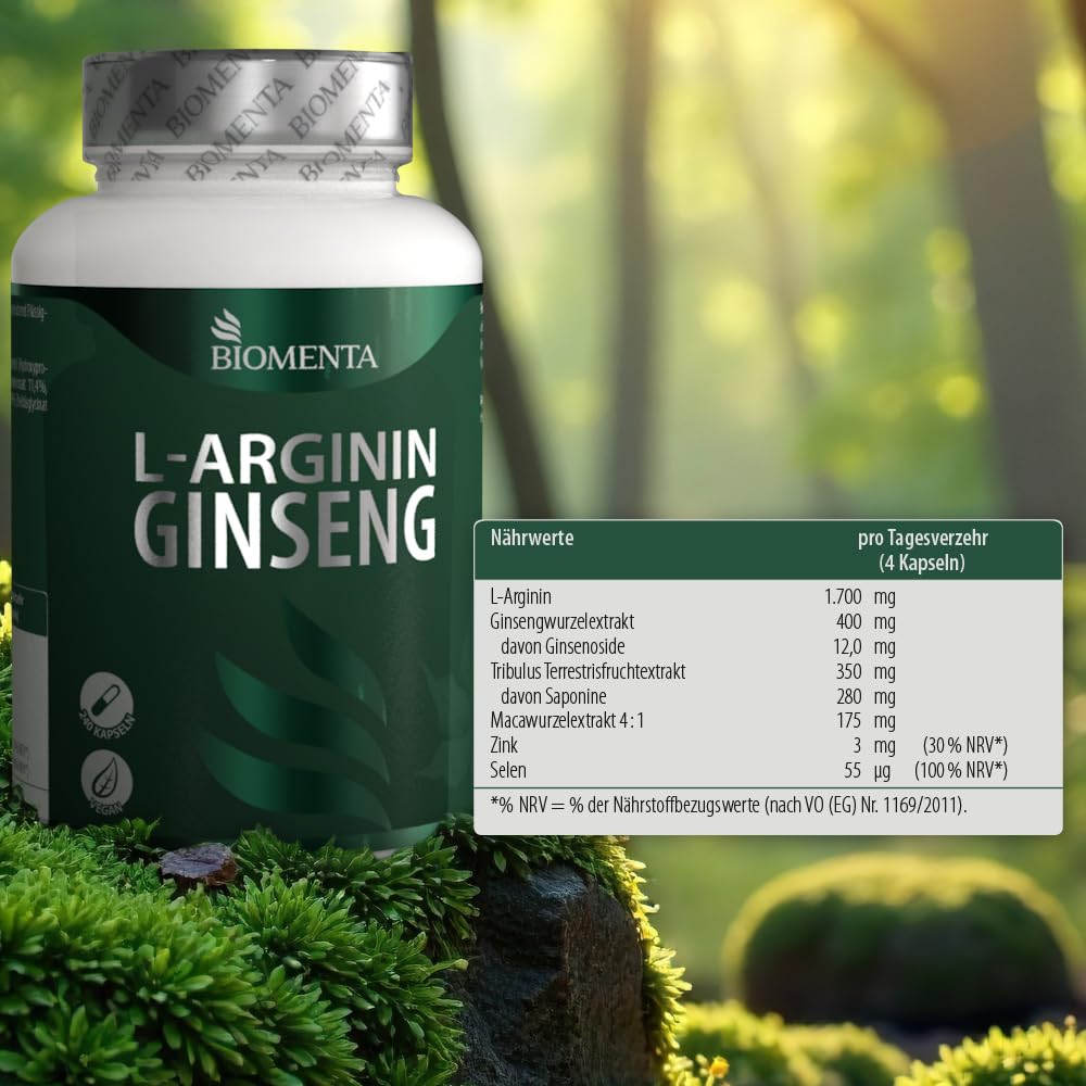 BIOMENTA Arginin Ginseng – 240 hochdosierte Kapseln - Wirkstoff Komplex + neue Rezeptur: Aminosäure, Mineralstoffe, Extrakte: Maca, Tribulus Terrestris, Zink, Selen - vegan - Premiumqualität