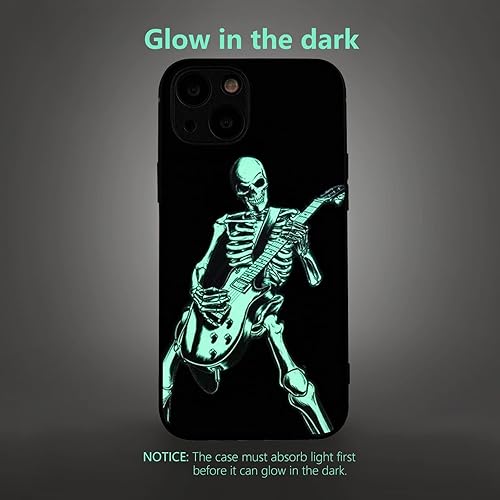 Miniatura 3 de X spirit Funda de teléfono con diseño de calavera para iPhone 13, diseño gótico emo, que brilla en la oscuridad (iPh 13-Skeleton Playing Guitar)