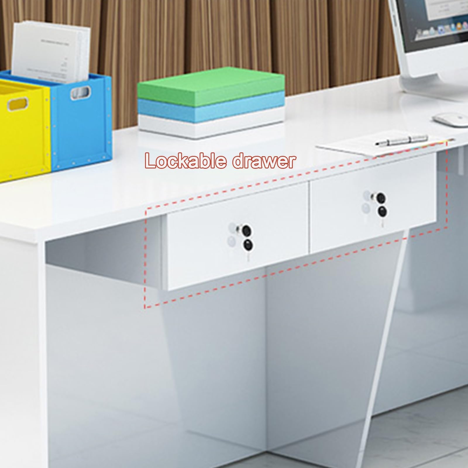 Generico Banco Reception a L con cassetto chiudibile a Chiave, ripiano a Giorno e Vassoio per Tastiera, Elegante bancone per Salone, Ufficio o Hall, Arancione, 140 cm