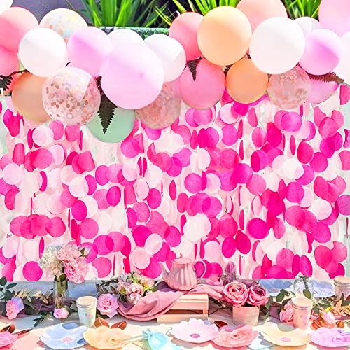 Image of 205Ft Hot Pink Party Decorations Big Circle Dots Backdrop Garland Rose Pink Tissue Paper Polka Dots Hanging Curtain Streamer for Birthday Bachelorette Engagement Wedding Bridal Shower Party Supplies