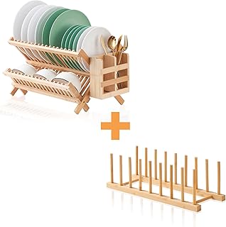 Worthyeah 2 Pack Bamboo Dish Drying Rack, 2 Tier Collapsible Dish Rack with Utensil Holder and Dish Plate Pot Lid Organizer for Cabinet