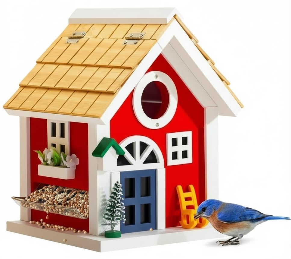 Masterpiece Bluebird House for Outside - Solid Cedar Wood Bird House Bird Feeder for Outdoor - Stainless Hardware - 2 Optional Hole Size 1.5" /1.25" - Garden Center Piece (Red Mansion)