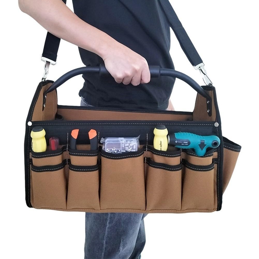 ZYWUOY Sac à outils robuste en tissu Oxford avec base rigide, 21 poches, poignées renforcées et bandoulière, rangement en polyester 900D pour électriciens, plombiers, mécaniciens, marron et noir